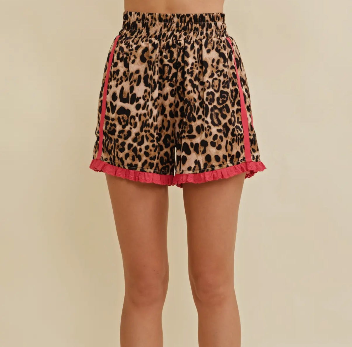 Leopard Shorts with Red Ruffle Trim
