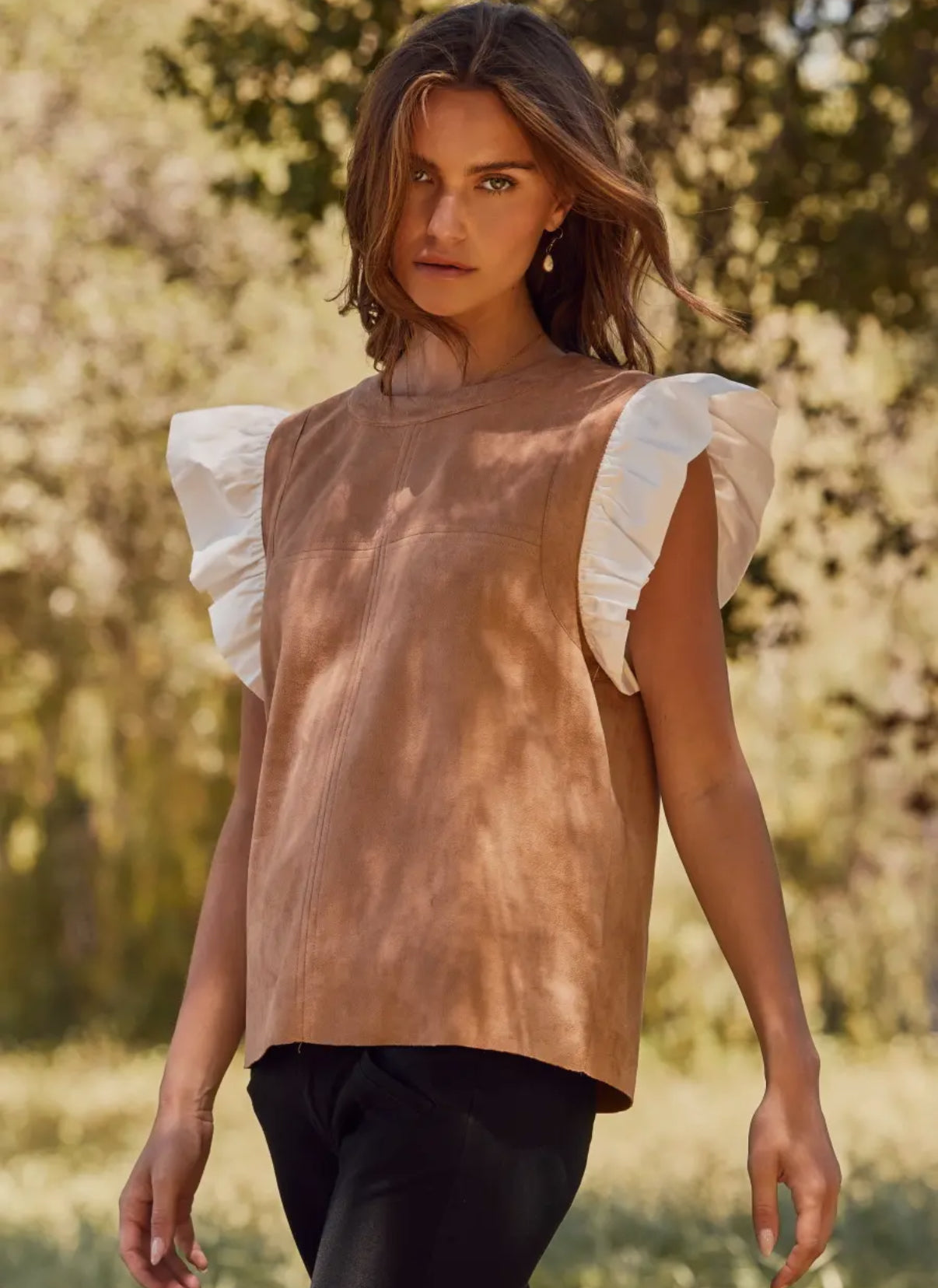 Faux Suede Ruffle Sleeve Top