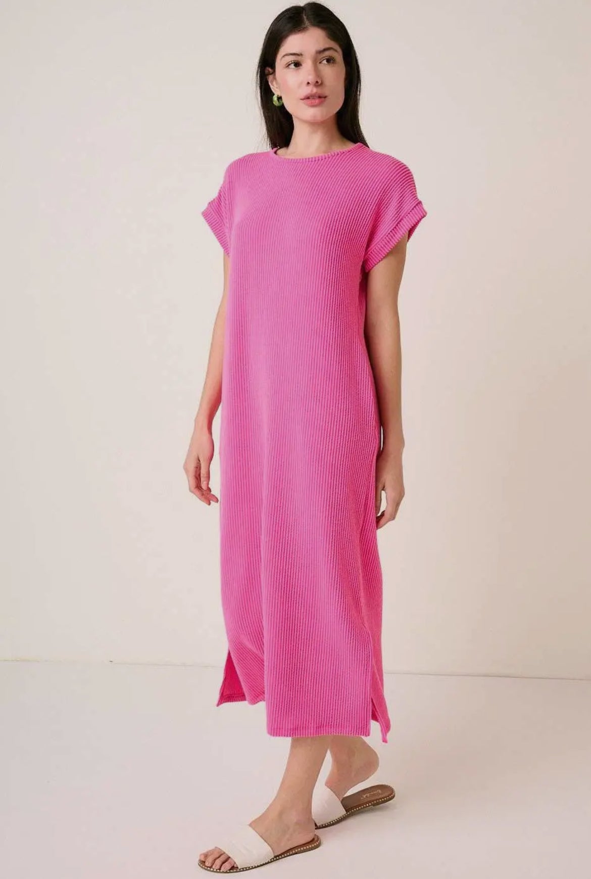 Pink Ribbed Midi Dress