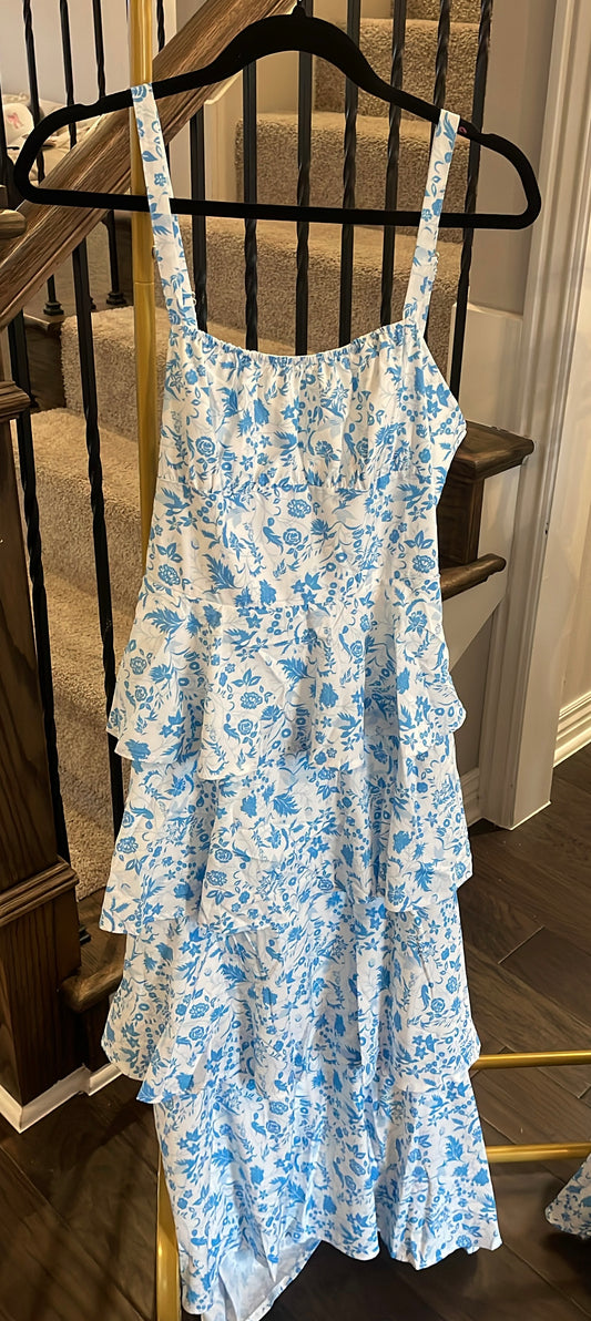 Blue Floral Tiered Ruffle Dress