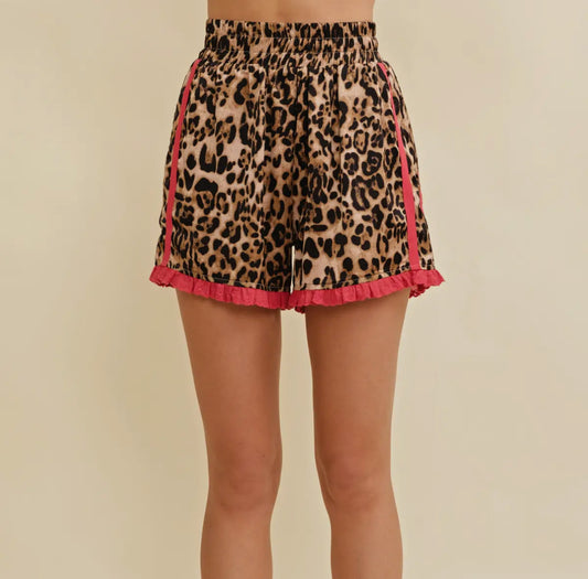 Leopard Shorts with Red Ruffle Trim