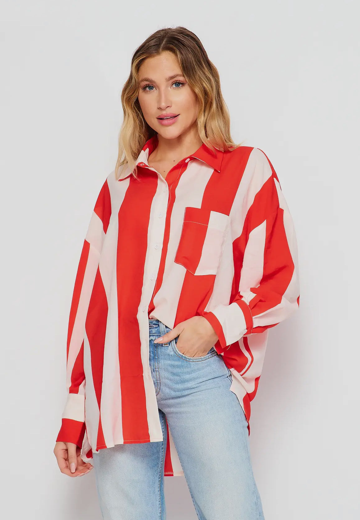 Red & White Striped Button Shirt